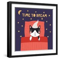 Illustration of a Cute Funny Sleeping Cat in a Nightcap-Maria Skrigan-Framed Art Print