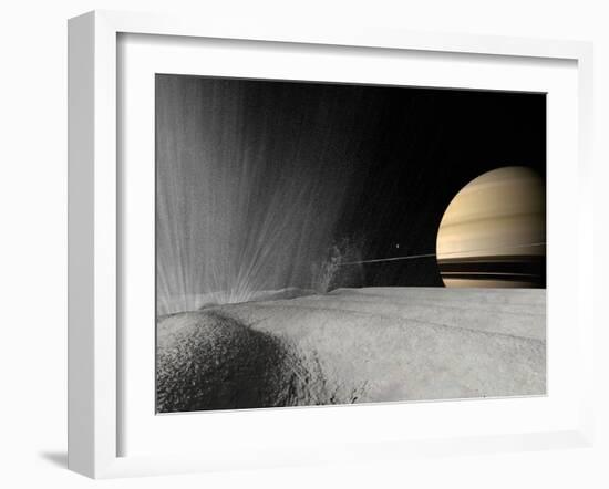 Illustration of a Geyser Erupting on the Surface of Enceladus-Stocktrek Images-Framed Photographic Print