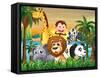 Illustration of a Group of Animals at the Riverbank with Coconut Trees-interactimages-Framed Stretched Canvas