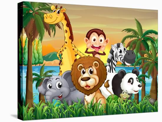 Illustration of a Group of Animals at the Riverbank with Coconut Trees-interactimages-Stretched Canvas