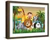 Illustration of a Group of Animals at the Riverbank with Coconut Trees-interactimages-Framed Photographic Print