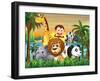 Illustration of a Group of Animals at the Riverbank with Coconut Trees-interactimages-Framed Photographic Print