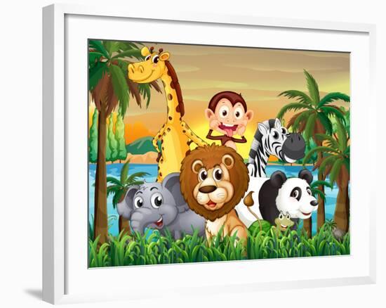 Illustration of a Group of Animals at the Riverbank with Coconut Trees-interactimages-Framed Photographic Print