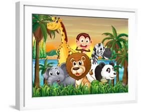 Illustration of a Group of Animals at the Riverbank with Coconut Trees-interactimages-Framed Photographic Print