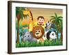 Illustration of a Group of Animals at the Riverbank with Coconut Trees-interactimages-Framed Photographic Print