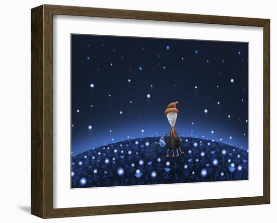 Illustration of a Martian Watering a Starfield-null-Framed Photographic Print