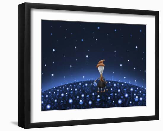 Illustration of a Martian Watering a Starfield-null-Framed Photographic Print