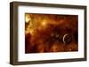 Illustration of an Alien Inhabited Planet in Space with Two Moons inside a Nebula-Inga Nielsen-Framed Photographic Print