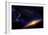 Illustration of an Alien Planet in Space with Two Moons and the Sun Setting over its Horizon-Inga Nielsen-Framed Premium Giclee Print