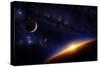 Illustration of an Alien Planet in Space with Two Moons and the Sun Setting over its Horizon-Inga Nielsen-Stretched Canvas