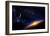 Illustration of an Alien Planet in Space with Two Moons and the Sun Setting over its Horizon-Inga Nielsen-Framed Art Print