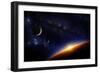 Illustration of an Alien Planet in Space with Two Moons and the Sun Setting over its Horizon-Inga Nielsen-Framed Art Print