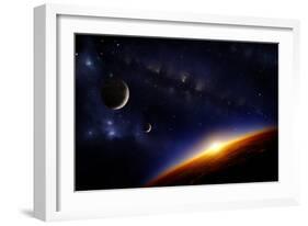 Illustration of an Alien Planet in Space with Two Moons and the Sun Setting over its Horizon-Inga Nielsen-Framed Art Print