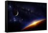 Illustration of an Alien Planet in Space with Two Moons and the Sun Setting over its Horizon-Inga Nielsen-Framed Stretched Canvas