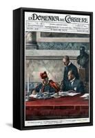 Illustration of Benito Mussolini and Cardinal Pietro Gasparri Signing the Lateran Treaty of 1929-Stefano Bianchetti-Framed Stretched Canvas