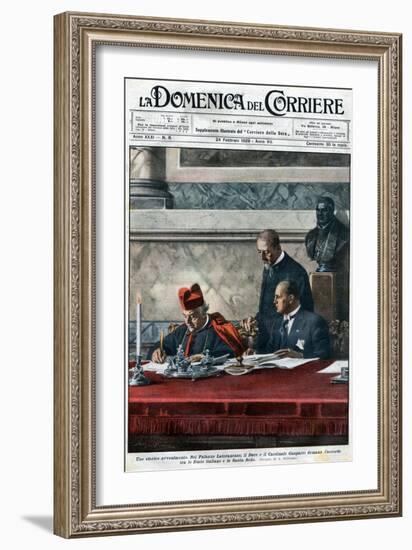 Illustration of Benito Mussolini and Cardinal Pietro Gasparri Signing the Lateran Treaty of 1929-Stefano Bianchetti-Framed Giclee Print