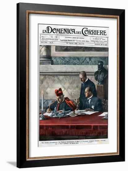 Illustration of Benito Mussolini and Cardinal Pietro Gasparri Signing the Lateran Treaty of 1929-Stefano Bianchetti-Framed Giclee Print