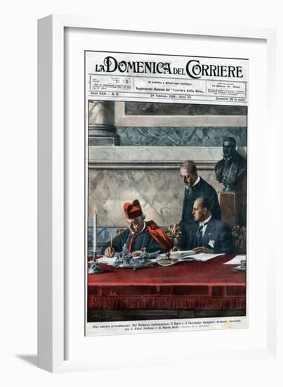 Illustration of Benito Mussolini and Cardinal Pietro Gasparri Signing the Lateran Treaty of 1929-Stefano Bianchetti-Framed Giclee Print