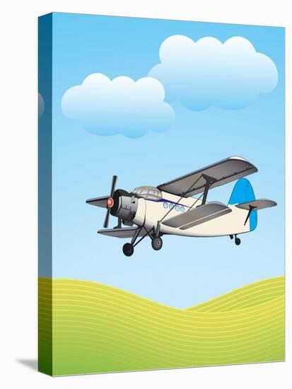 Illustration of Biplane Flying Outdoors. No Gradients Used.-Aleksandar Dickov-Stretched Canvas