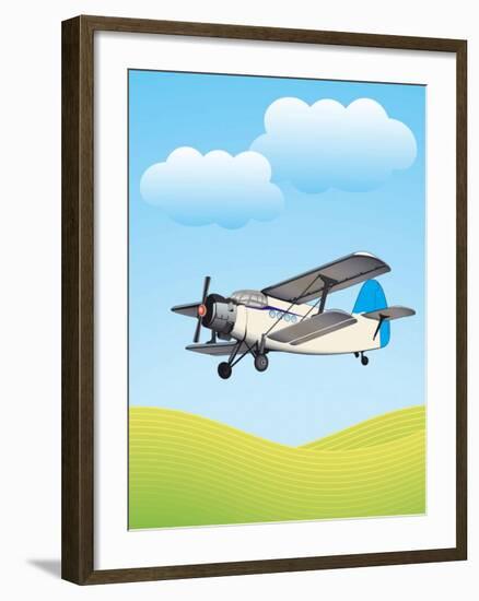 Illustration of Biplane Flying Outdoors. No Gradients Used.-Aleksandar Dickov-Framed Art Print