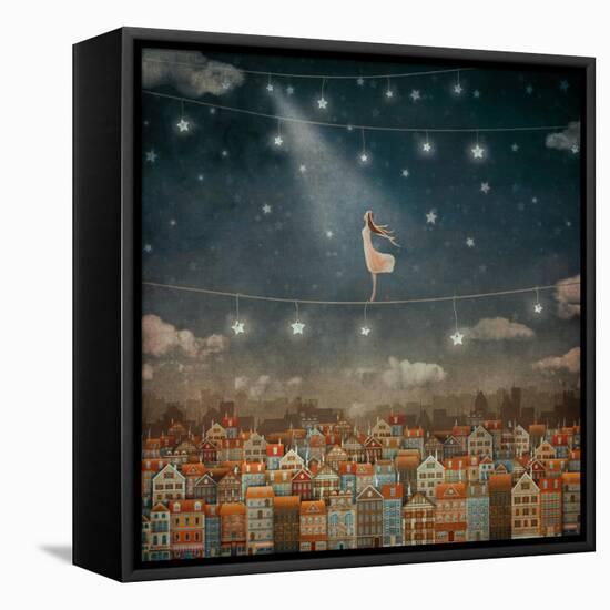 Illustration of Cute Houses and Pretty Girl  in Night Sky-natalia_maroz-Framed Stretched Canvas