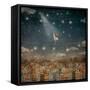 Illustration of Cute Houses and Pretty Girl  in Night Sky-natalia_maroz-Framed Stretched Canvas