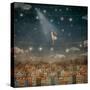 Illustration of Cute Houses and Pretty Girl  in Night Sky-natalia_maroz-Stretched Canvas