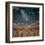 Illustration of Cute Houses and Pretty Girl  in Night Sky-natalia_maroz-Framed Art Print