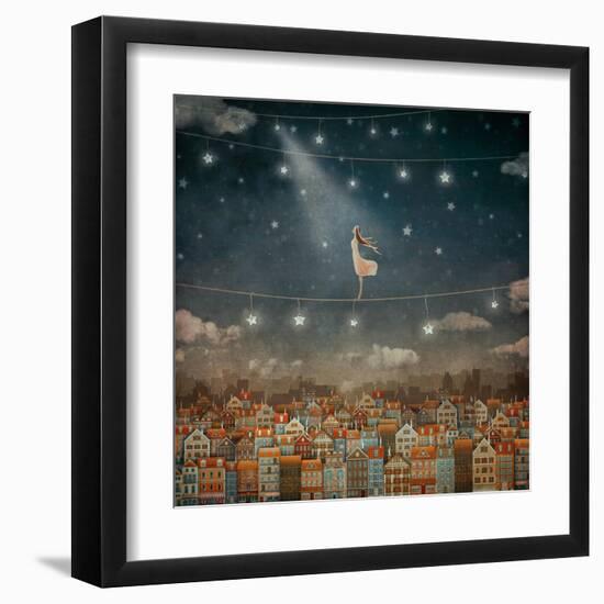 Illustration of Cute Houses and Pretty Girl  in Night Sky-natalia_maroz-Framed Art Print