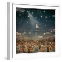 Illustration of Cute Houses and Pretty Girl  in Night Sky-natalia_maroz-Framed Art Print