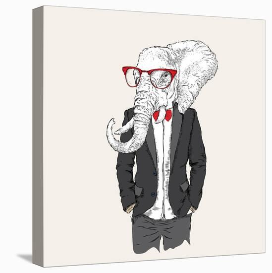 Illustration of Elephant Hipster Dressed up in Jacket, Pants and Sweater. Vector Illustration-Sunny Whale-Stretched Canvas
