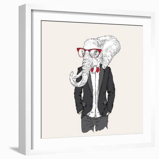 Illustration of Elephant Hipster Dressed up in Jacket, Pants and Sweater. Vector Illustration-Sunny Whale-Framed Art Print