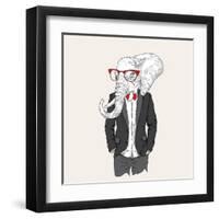 Illustration of Elephant Hipster Dressed up in Jacket, Pants and Sweater. Vector Illustration-Sunny Whale-Framed Art Print