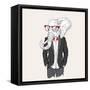 Illustration of Elephant Hipster Dressed up in Jacket, Pants and Sweater. Vector Illustration-Sunny Whale-Framed Stretched Canvas