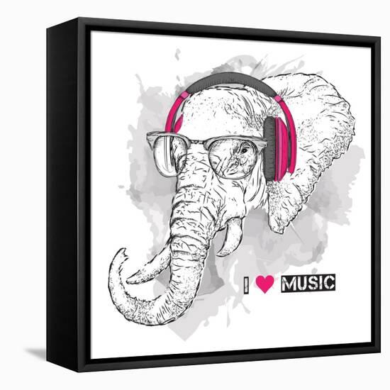 Illustration of Elephant Hipster Dressed up in T-Shirt, Pants and in the Glasses and Headphones. Ve-Sunny Whale-Framed Stretched Canvas