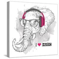 Illustration of Elephant Hipster Dressed up in T-Shirt, Pants and in the Glasses and Headphones. Ve-Sunny Whale-Stretched Canvas
