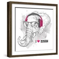 Illustration of Elephant Hipster Dressed up in T-Shirt, Pants and in the Glasses and Headphones. Ve-Sunny Whale-Framed Art Print