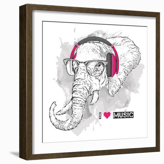 Illustration of Elephant Hipster Dressed up in T-Shirt, Pants and in the Glasses and Headphones. Ve-Sunny Whale-Framed Art Print