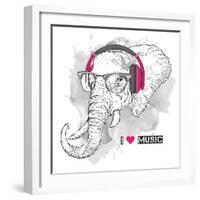 Illustration of Elephant Hipster Dressed up in T-Shirt, Pants and in the Glasses and Headphones. Ve-Sunny Whale-Framed Art Print