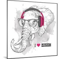Illustration of Elephant Hipster Dressed up in T-Shirt, Pants and in the Glasses and Headphones. Ve-Sunny Whale-Mounted Art Print
