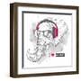 Illustration of Elephant Hipster Dressed up in T-Shirt, Pants and in the Glasses and Headphones. Ve-Sunny Whale-Framed Art Print