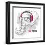 Illustration of Elephant Hipster Dressed up in T-Shirt, Pants and in the Glasses and Headphones. Ve-Sunny Whale-Framed Art Print