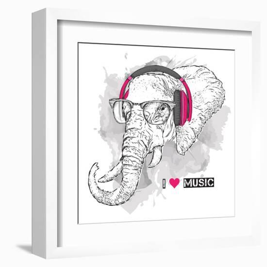 Illustration of Elephant Hipster Dressed up in T-Shirt, Pants and in the Glasses and Headphones. Ve-Sunny Whale-Framed Art Print