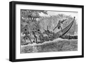 Illustration of Engraged Hippopotamus Upsetting a Boat-null-Framed Giclee Print