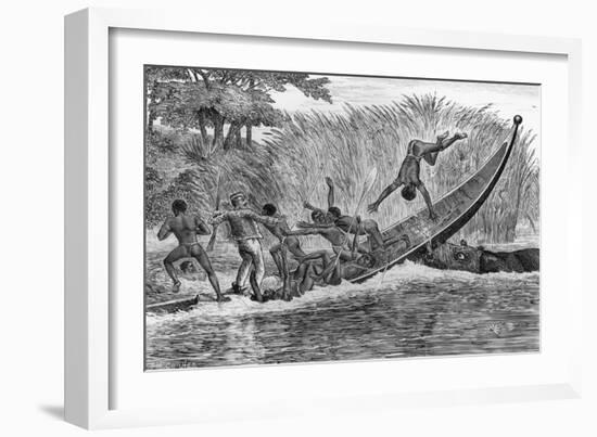 Illustration of Engraged Hippopotamus Upsetting a Boat-null-Framed Giclee Print