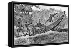 Illustration of Engraged Hippopotamus Upsetting a Boat-null-Framed Stretched Canvas