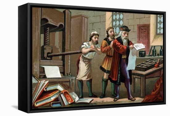 Illustration of Johannes Gutenberg Printing the First Sheet of the Bible-Stefano Bianchetti-Framed Stretched Canvas