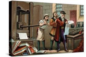 Illustration of Johannes Gutenberg Printing the First Sheet of the Bible-Stefano Bianchetti-Stretched Canvas