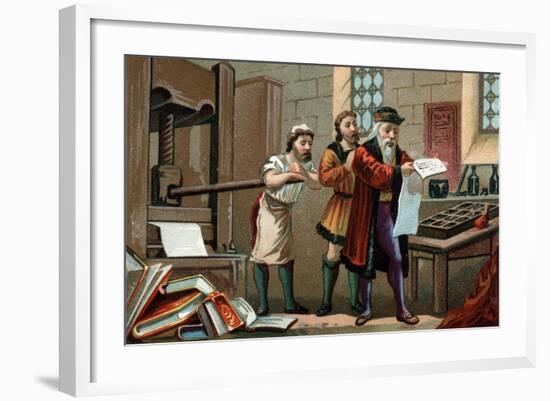 Illustration of Johannes Gutenberg Printing the First Sheet of the Bible-Stefano Bianchetti-Framed Giclee Print