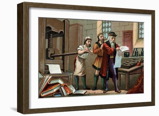 Illustration of Johannes Gutenberg Printing the First Sheet of the Bible-Stefano Bianchetti-Framed Giclee Print